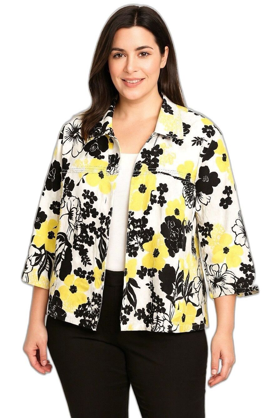 Silk Land Woman 2X Floral Jacket Yellow Black White Lined 3/4 Sleeve Plus Size